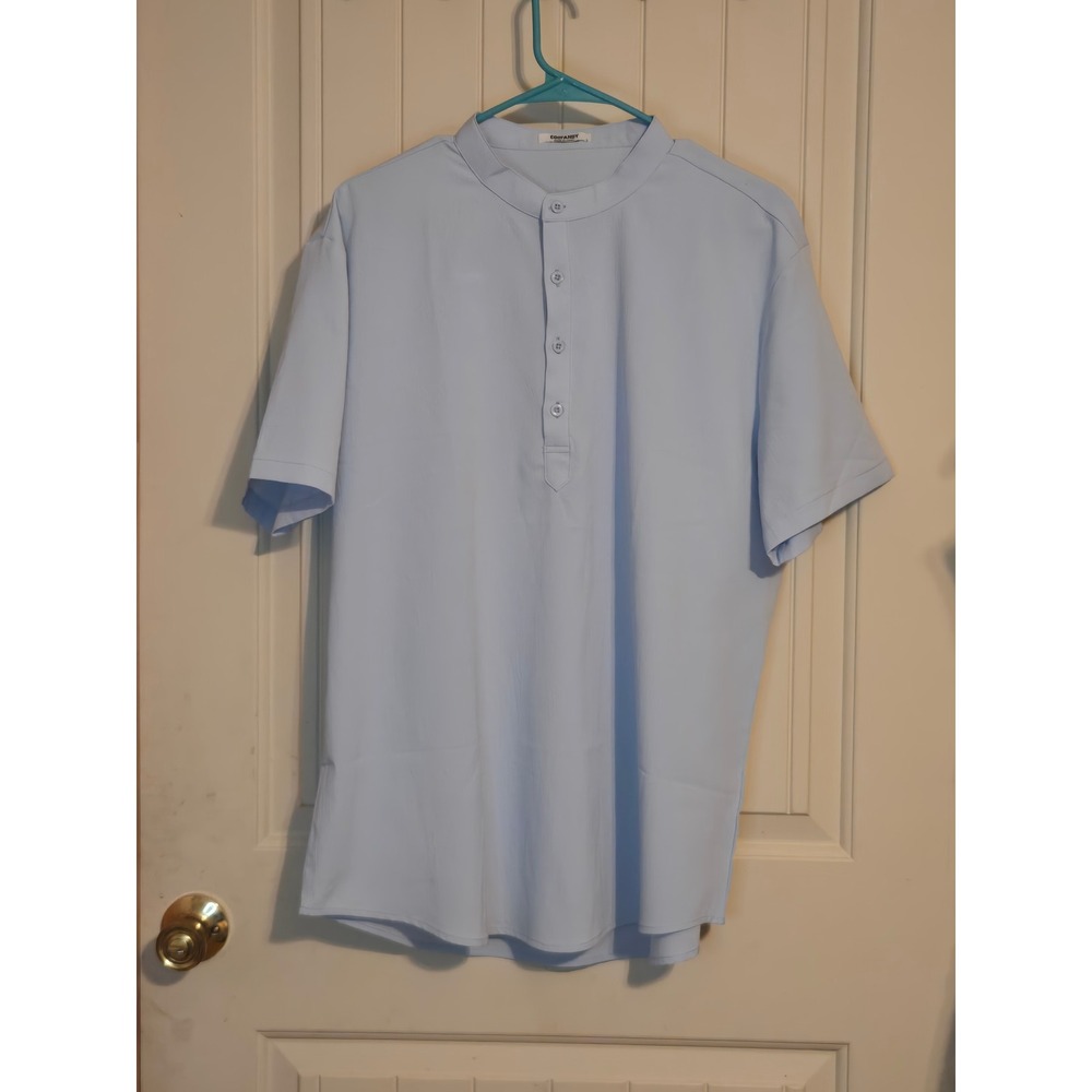 Men's Light Blue Short Sleeve Henley Shirt - Band Collar - Size L